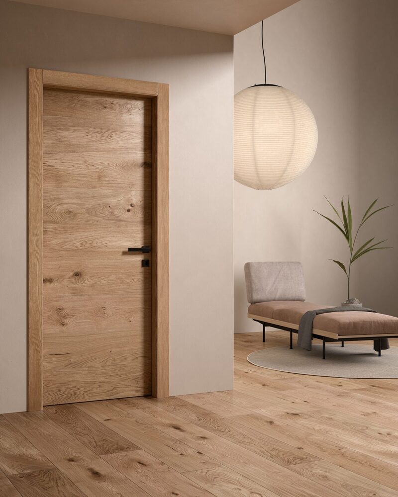 Porta a battente collezione Patio Garofoli finitura Rovere vintage con nodi evidenti